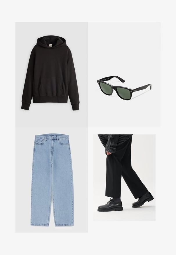 Hoodie nero di Levi's con tasca a marsupio frontale e un logo ricamato discreto sul petto, esposto su uno sfondo chiaro e semplice.; Jeans in denim azzurro chiaro con design a gamba dritta, caratterizzati da una vita media, cinque tasche e chiusura con bottone e zip.; Scarpe in pelle nera con punta arrotondata, design con lacci e suola spessa e texture. Indossate con pantaloni neri su misura e un maglione a coste.; Occhiali da sole in plastica nera con lenti verdi, montatura quadrata, dettaglio argento sulla parte superiore e steli con texture. Marchio indicato sulla parte interna dello stelo.; Orologio al quarzo con bracciale in acciaio inossidabile silver, quadrante rotondo nero, indici delle ore bianchi e display della data alle 3. Resistente all'acqua fino a 50 m.