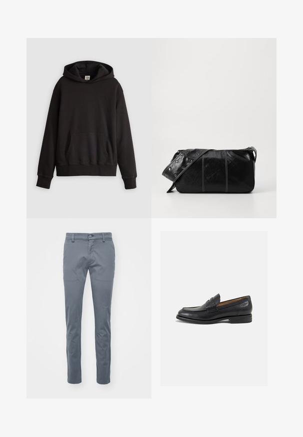 Černá mikina Levi's s klokaní kapsou vpředu a diskrétním logem vyšitým na prsou, vystavená na jednobarevném světlem pozadí.; Šedé kostýmové kalhoty vyrobené z pletené látky, s plochým předním dílem, standardním pasem s poutky na opasek a slim-fit rovnými nohavicemi.; Černé kožené mokasíny s hladkým povrchem, zaoblenou špičkou a dekorativním prošíváním na svršku. Nízký podpatka a mírný lesk.; Černá kožená kabelka přes rameno se zapínáním na zip, s texturovaným tělem, bílým prošíváním a popruhem se stříbrnými očky.