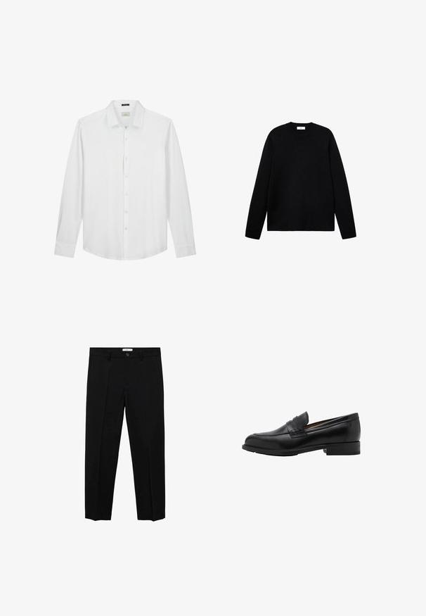 Černý svetr s kulatým výstřihem, dlouhými rukávy, žebrovaným výstřihem a manžetami, měkká textura, minimalistický design. Žádné viditelné vzory ani kovové prvky.; Bílá košile s dlouhými rukávy, s knoflíkovým límečkem, jemná textura, hladká látka, decentní logo na hrudi a klasický střih s zakřiveným lemem.; Černé zakázkově šité kalhoty s rovnými nohavicemi, s jedním knoflíkovým zapínáním, poutky na opasek a předními záhyby. Vyrobené z hladkého materiálu.; Černé kožené mokasíny s prošitým předním dílem a plochým podpatkem. Hladký povrch s kulatou špičkou a dekorativním páskem přes nárt.