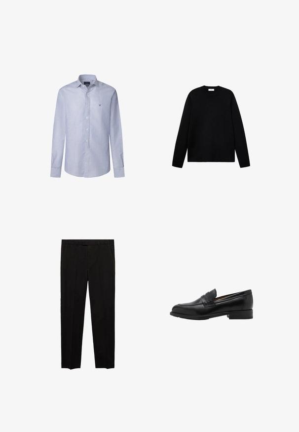 Čierny sveter s guľatým výstrihom, dlhé rukávy, rebrovaný výstrih a manžety, jemná textúra, minimalistický dizajn. Žiadne viditeľné vzory ani kovové prvky.; Pruhovaná košela s dlhými rukávmi v svetlomodrej a bielej farbe z bavlny, s golierom na gombíky a malým vyšívaným logom na hrudi.; Čierne nohavice s priliehavým strihom, s rovnými nohavicami, pásovými slučkami a bočnými vreckami. Hladká látka bez vzorov.; Čierne kožené mokasíny s prešitým predným dielom a plochým opätkom. Hladký povrch s guľatou špičkou a dekoračným pásom cez nárt.