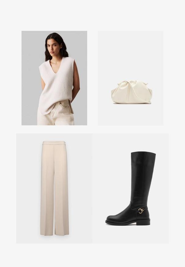 Mujer con cabello largo y oscuro, vistiendo un suéter de punto sin mangas color crema con escote en V y pantalones de tiro alto color beige claro, de pie frente a un fondo gris liso.; Pantalones de pierna ancha en color beige, confeccionados en una tela suave, con una cintura alta y ligeros pliegues frontales. Sin bolsillos ni detalles de hardware visibles.; Anna Field Wide Fit Botas - black; Bolso de cuero sintético suave y de color crema con diseño fruncido, correa ajustable y cierre de cuerda sutil. Textura suave y forma redondeada.