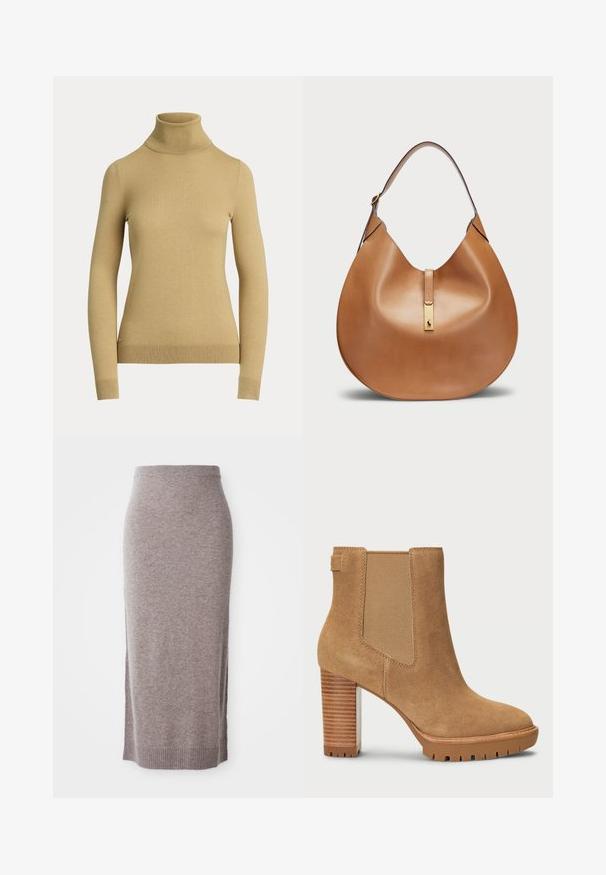 Pull à col roulé en beige clair, en tricot lisse et doux. Présente des manches longues et une silhouette ajustée avec un ourlet côtelé.; Jupe crayon en tricot taupe, longueur genou, avec une taille et un ourlet côtelés, présentant des fentes sur les côtés pour plus de confort et de style.; Bottine en suède beige avec un talon bloc, un panneau latéral élastique et une semelle en caoutchouc dotée d'un motif de bande de roulement pour l'adhérence.; Sac à main en cuir tan avec une forme courbée et une large bandoulière. Présente un accent en métal doré au centre et une texture lisse.