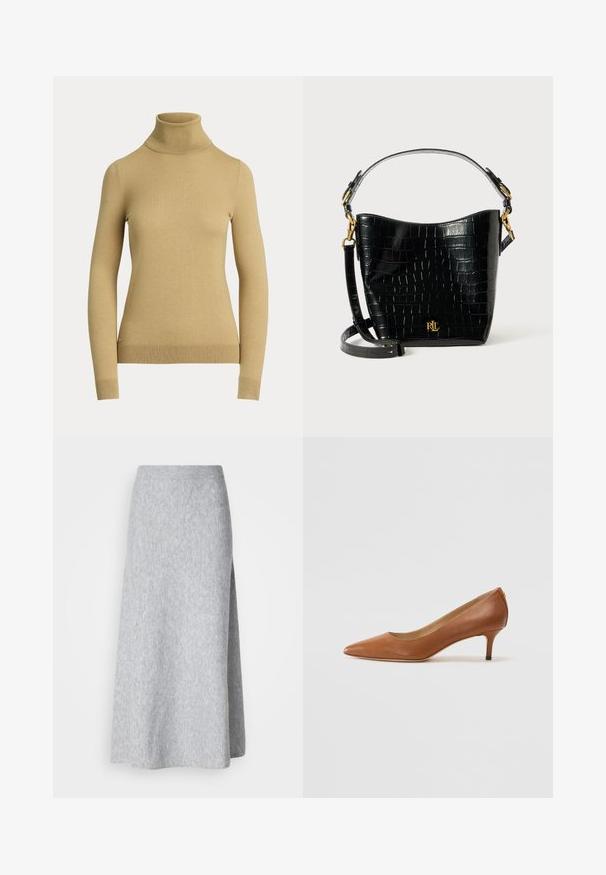 Pull à col roulé en beige clair, en tricot lisse et doux. Présente des manches longues et une silhouette ajustée avec un ourlet côtelé.; Jupe midi en tricot doux de couleur gris clair avec une taille côtelée et une fente sur le côté, présentée sur un fond blanc.; Lauren Ralph Lauren ADRIENNE - Escarpins - deep saddle tan; Sac en cuir noir à motif crocodile, de forme courbée, avec des accents en métal doré, une bandoulière ajustable et un détail de logo à l'avant.