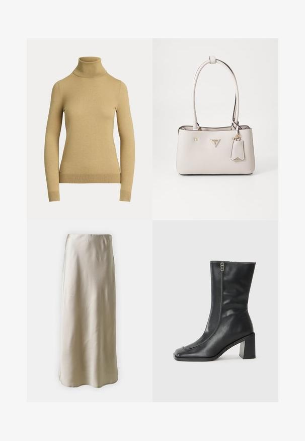 Rollkragenpullover in hellbeige, aus einem glatten, weichen Strickmaterial gefertigt. Mit langen Ärmeln und einer figurbetonten Silhouette, versehen mit einem gerippten Saum.; Maxi-Rock aus Seide in hellbeige, mit glatter Textur, klaren Linien und einer einfachen Silhouette mit einem leicht ausgestellten Saum.; Schwarze Leder-Stiefelette mit quadratischer Zehenpartie, seitlichem Reißverschluss und chunky, quadratischem Absatz. Mit Kontrastnähten entlang der vorderen Naht.; Beige Handtasche aus Kunstleder mit glatter Textur, doppelten Schulterriemen, goldenen Beschlägen, Logo-Plakette und einem angehängten Etikett.
