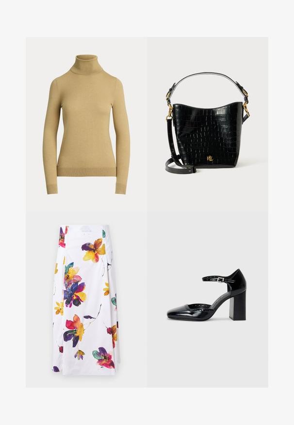 Gaišais beidzis džemperis ar augstu apkakli, izgatavots no gluda, mīksta dzijas. Tam ir garas piedurknes un pieguļošs siluets ar ribotu apakšmali.; Balta ziedu svārki ar krāsainiem akvareļu ziedu rakstiem purpursarkanā, dzeltenā un sarkanā krāsā; pleita dizains ar sānu aizdari.; Melna lakota ādas augstpapēžu kurpes ar kvadrātu purngalu, potītes siksniņu un masīlu papēdi. Iekļauj perforētu apdari gar malu.; Melnas krokodila raksts ādas soma ar izliekta formu, zelta aparatūru, regulējamu siksnu un logotipa detaļu priekšpusē.