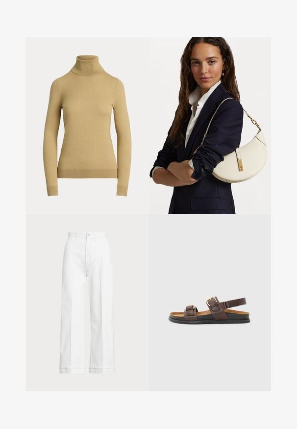 Švarkas su aukštu kaklu šviesiai smėlio spalvos, pagamintas iš lygios, minkštos mezgimo medžiagos. Turi ilgas rankoves ir prigludusią siluetą su raštuotu apvadu.; Balti platūs kelnės su aukštu juosmeniu, su mygtuko uždarymu ir subtiliu siuvimo akcentu. Pagamintos iš medvilnės su glotnia tekstūra.; Rudų odinių šlepečių, turinčių du reguliuojamus dirželius su metaliniais sagtimis, paminkštintą pėdos įdėklą ir fleksibilų juodą kaučiuko padas.; Balta odinė rankinė, lenkto dizaino, su auksiniais elementais ir tekstūruota apdaila, dėvima su tamsiu švarku ir baltu marškiniu.