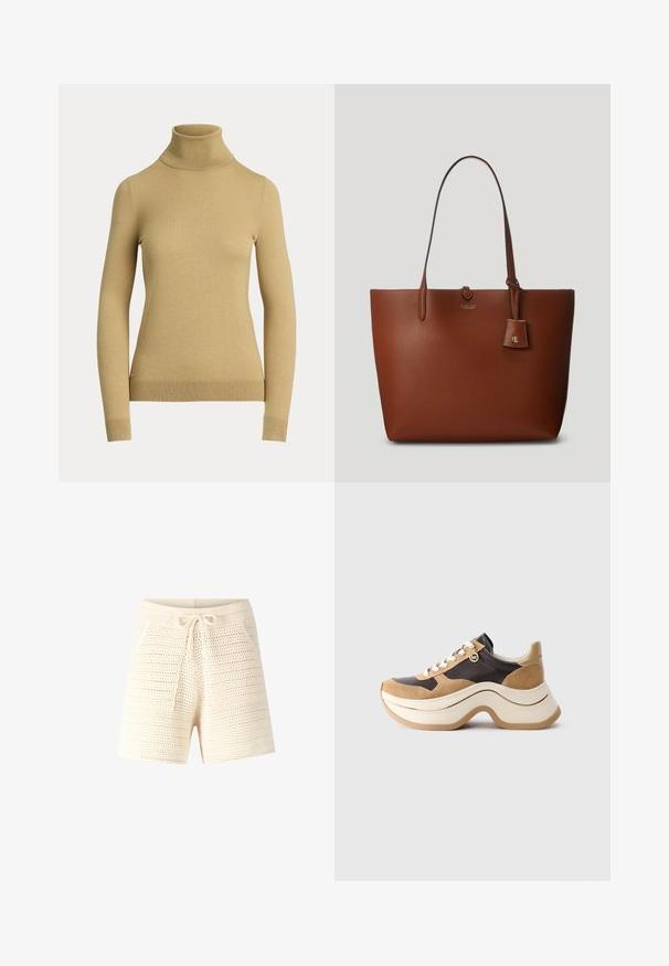Világos bézs garbó pulóver, sima, puha kötésből készült. Hosszú ujjak és testhez simuló szabás jellemzi, bordázott aljúval.; Krém színű, kötött sort, texturált, nyitott szövésű anyagból. Húzózsinórral ellátott derék és két elülső zseb jellemzi. Hétköznapi dizájn, közép hosszúságú szabás.; Beige és sötétbarna színű, vastag talpú sneaker, velúr részletekkel, fehér fűzőkkel és egy kis arany MK charm-mal az oldalon.; Barna gesztenyebarna bőr bevásárlótáska két fogantyúval, egy kis csatolt címkével és egy diszkrét logóval az elején. Sima felület és struktúrált forma.