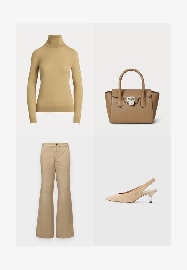 Švarkas su aukštu kaklu šviesiai smėlio spalvos, pagamintas iš lygios, minkštos mezgimo medžiagos. Turi ilgas rankoves ir prigludusią siluetą su raštuotu apvadu.; Šviesiai rudos plačios kelnės su sagtimi, priekinėmis ir šoninėmis kišenėmis bei siuvinėjimo detalėmis, pagamintos iš lengvos, tekstūruotos medžiagos.; Šviesiai rudos suknelės suknelės su smailiu pirštu ir skaidriu, apvaliu kulnu. Lygus tekstūros ir minimalistinis dizainas.; Lauren Ralph Lauren PEBBLED LEATHER SMALL TANNER SATCHEL - Rankinė - camel