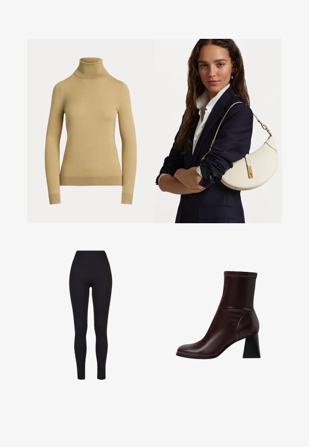 Pulover s visokim ovratnikom u svijetlo bež boji, napravljen od glatke, meke pletenine. Ima duge rukave i prilagođen siluetu s rebrastim rubom.; Crne tajice visokog struka, izrađene od rastezljivog materijala, s glatkom teksturom i tjelesnim dizajnom bez vidljivih šavova ili uzoraka.; Stradivarius BLOCK - Klasične gležnjače - dark red; Bijela kožna torba sa zakrivljenim oblikom, zlatnim detaljima i teksturiranom površinom, nošena preko tamnog sakoa i bijele košulje.