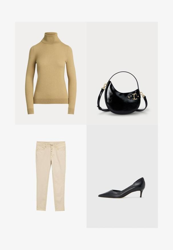 Turtleneck trui in lichtbeige, gemaakt van een gladde, zachte brei. Heeft lange mouwen en een aansluitende silhouet met een geribde zoom.; Beige katoenen skinny jeans met een vijfknops sluiting, voorzakken en subtiele stikseldetails. Glad textuur en aangesloten ontwerp.; Zwarte leren pump met een puntige neus en lage hak. Heeft een gladde textuur en een subtiele glans. Open uitsparing aan de voorkant voor extra detail.; Zwarte gepatineerde leren handtas met een gebogen vorm, verstelbare schouderband en gouden hardwaredetails aan de zijkant. Gladde, glanzende textuur.