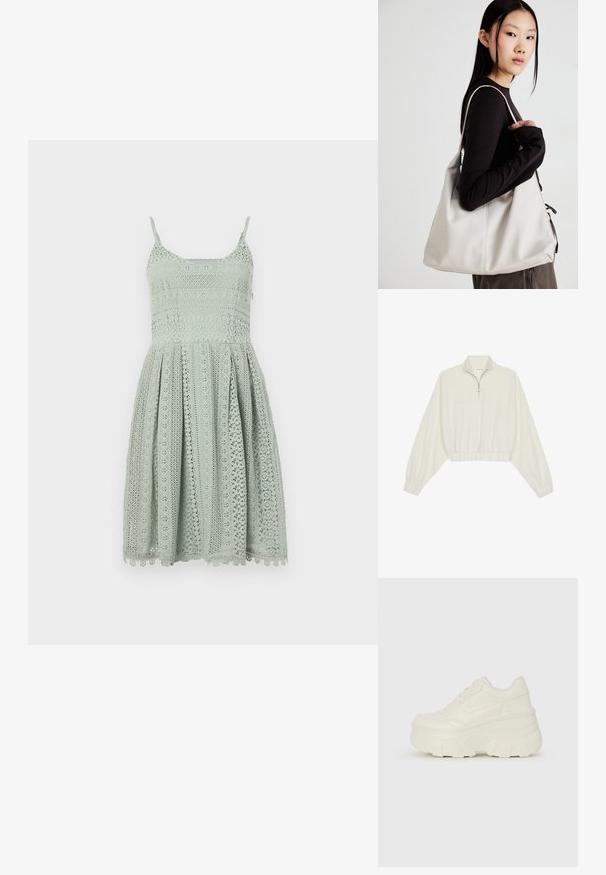Krém színű, rövidített pulóver, magas gallérral, félig cipzáros záródással, elasztikus derék- és ujjakrésszel, sima textúrával és minimalista dizájnnal.; Világos zöld csipkeruha vékony pántokkal, testhez simuló felsőrésszel és bővülő szoknyával, bonyolult kivágott mintákkal és fodros szegéllyel.; Fehér platform sportcipők, sima bőrszerű felsőrésszel, kerek formával, párnázott bokával és texturált gumitalppal, jól definiált mintázattal.; Puha anyagból készült bézs kézitáska, laza dizájnnal, varrott részletekkel és két vállpánttal. Mindennapi használatra alkalmas.