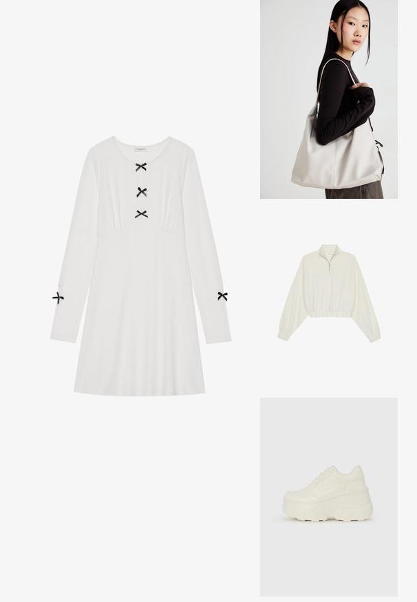 Skórzany pulower w kolorze kremowym, z wysokim kołnierzem, półzamkiem, elastycznym wykończeniem u dołu i mankietami, o gładkiej teksturze i minimalistycznym designie.; Biała sukienka z długim rękawem uszyta z prążkowanej tkaniny, z trzema czarnymi kokardami z przodu i dwiema na rękawach. Okrągły dekolt, w kształcie litery A.; Białe sneakersy na platformie z gładkim, skórzano przypominającym wierzchem, zaokrąglonym kształtem, wyściełanym kołnierzem oraz teksturowaną gumową podeszwą z wyraźnym bieżnikiem.; Beżowa torebka wykonana z miękkiego materiału, charakteryzująca się luźnym fasonem, wyszywanymi detalami i dwoma uchwytami na ramię. Idealna na co dzień.