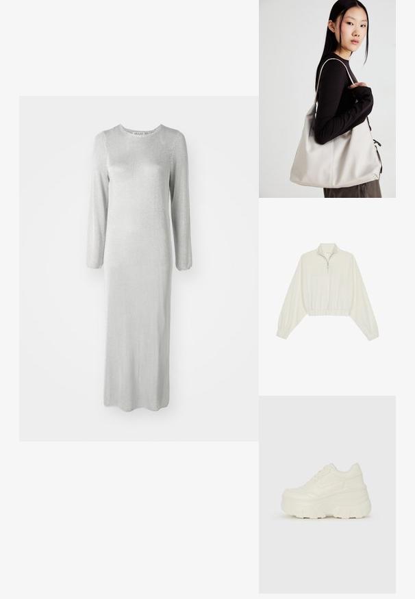 Pullover curto em tecido creme, apresentando um colarinho alto, fecho de meio zíper, bainha e punhos elásticos, com uma textura suave e design minimalista.; Vestido longo prateado feito de um tecido texturizado, com mangas longas e decote redondo, terminando na altura do tornozelo.; Tênis brancos de plataforma com um cabedal suave semelhante a couro, formato arredondado, colarinho acolchoado e sola de borracha texturizada com ranhuras bem definidas.; Uma bolsa bege feita de material macio, com um design descontraído, detalhes de costura e duas alças para o ombro. Adequada para uso diário.