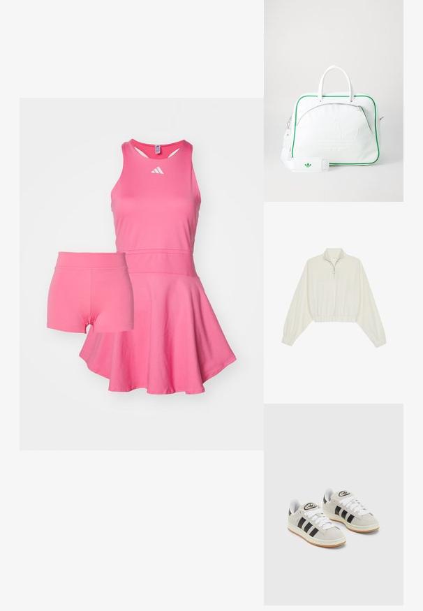 Skraćeni pulover od kremastog materijala, s visokim ovratnikom, zatvaranjem na polovicu munje, elastičnim rubom i manžetama, s glatkom teksturom i minimalnim dizajnom.; Svijetlo ružičasta sportska haljina s lepršavom suknjom i odgovarajućim ružičastim kratkim hlačama ispod. Izrađena od glatkog, rastezljivog materijala, s okruglim izrezom.; Sive suede tenisice s bijelim vezicama, crnim prugama i bijelim gumiranim potplatom. Imaju kružni logo na jeziku i gumeni potplat.; Bijela kožna torba s zelenim detaljima, koja se ističe istaknutim reljefnim logotipom, dvostrukim ručkama, odvojivim remenom i prednjim džepom na zipper.