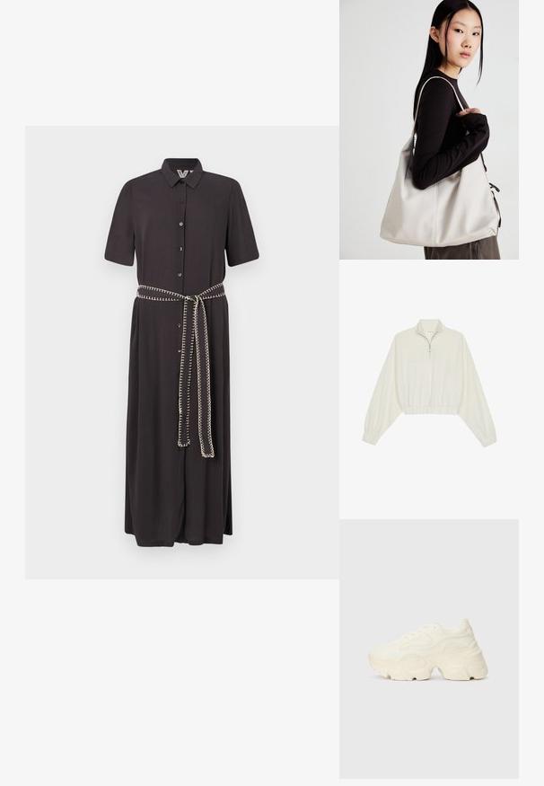 Lyhyt kerrosvaate vaaleasta kankaasta, jossa on korkea kaulus, puolivetoketjukiinnitys, joustavat helma ja hihansuut, tasainen pinta ja minimalistinen muotoilu.; Mustapuseromekko lyhyillä hihoilla, napit edessä ja yhteensopiva vyö, jossa on erottuva brodeeraus yksityiskohtana.; Paksut valkoiset lenkkarit, jotka on valmistettu teksturoidusta verkosta ja synteettisistä materiaaleista. Kenkäparissa on paksu pohja ja monimutkaisat kuviohuokoset sivuilla.; Beige laukku, joka on valmistettu pehmeästä materiaalista, ja siinä on rento muotoilu, ommeltu yksityiskohtia ja kaksi olkahihnaa. Sopii päivittäiseen käyttöön.