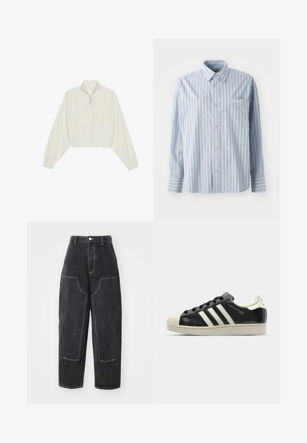 Pullover curto em tecido creme, apresentando um colarinho alto, fecho de meio zíper, bainha e punhos elásticos, com uma textura suave e design minimalista.; Camisa de botão de mangas longas azul clara com riscas verticais brancas e escuras e um bolso frontal no peito com bordado em script branco.; Calças de ganga pretas com um corte solto, apresentando costura em contraste, dois bolsos frontais e uma cintura alta. A textura é suave, com um leve brilho.; Sapatilha de couro preto com riscas brancas, biqueira de borracha, atacadores pretos e sola na cor creme. Textura suave com acabamento brilhante.