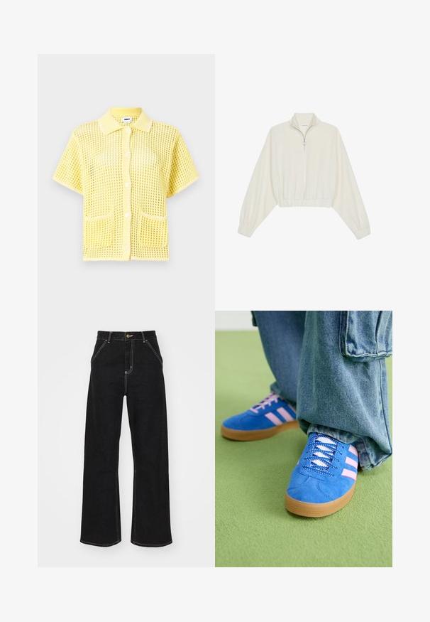 Krém színű, rövidített pulóver, magas gallérral, félig cipzáros záródással, elasztikus derék- és ujjakrésszel, sima textúrával és minimalista dizájnnal.; Rövid ujjú, sárga hálós gombos ing, gallérral, két elülső zsebbel és laza szabással. Texturált mintázat az egész anyagon.; Fekete, széles szárú farmernadrág, kontrasztos fehér varrással és elülső gombos záródással, két ferde elülső zsebbel.; Kék velúr cipők rózsaszín csíkokkal és fehér fűzővel, gumiból készült talppal, laza farmernadrággal egy zöld felületen.