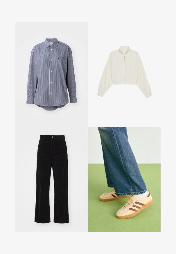 Kreminės spalvos trumpas megztinis, turintis aukštą apykaklę, pusiau užtrauktuką, elastinį apačią irRankovių kraštus, su lygiu paviršiumi ir minimalizuotu dizainu.; Karo juodai baltas ilgomis rankovėmis marškiniai su klasikine apykakle, priekinė kišenė ir mygtukų uždarymas. Minkšta medžiaga su lygiu paviršiumi.; Juodi kordūriniai plačios kojos kelnės su aukštu liemeniu, su priekiniais sagos ir užtrauktuko uždarymo elementais, ir vertikaliai raštuota tekstūra visame paviršiuje.; Bežiniai sportbačiai su tekstūruotais grietinėlės spalvos paneliais ir rudiems dryžiais, derinami su mėlynu džinsiniu džinsų komplektu. Džinsai turi plačias kojas ir nusidėvėjusį apatinį kraštą.