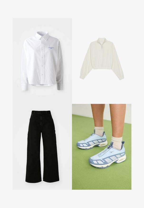 Kreemfarbenest lühikese varrukaga kudum, millel on kõrge kaelus, pool tõmblukk, elastne allosa ja varrukad, sile tekstuur ja minimaalne disain.; Valge nööbiga särk, millel on helesinised vertikaalsed triibud, terav krae ja väike sinine logo vasakul rinnal. Puuvillane kangas, mugav istuvus.; Must musta laiad jõhkrad püksid, mis on valmistatud denimist, kõrge vöökoha, esise nupu sulgemise ja küljetaskutega. Sile tekstuur minimaalse õmblusega.; Heledad sinised spordijalatsid valgete detailidega, tekstuuriga paneelid ja tõmblukk. Omab nähtavat õhuklotsiga tallat ja kummist välispinda.