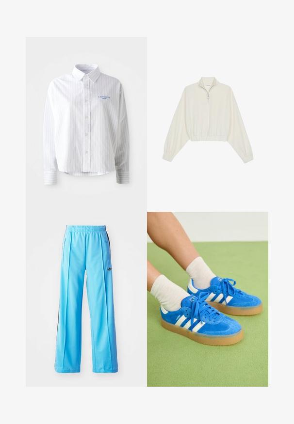 Kreptais pusītes džemperis krēmkrāsā, ar augstu apkakli, puszipa aizdari, elastīgu apakšmalu un aprocēm, ar gludu tekstūru un minimālistisku dizainu.; Balta pogām augšējā krekls ar gaiši ziliem vertikāliem rašojumiem, ar asu apkakli un nelielu zilu logo kreisajā krūtī. Kokvilnas audums, brīvs piegriezums.; Gaiši zili sporta bikses ar elastīgu jostasvietu, sānu rāvējslēdzējiem un melniem sānu akcentiem. Mīksts audums ar brīvu, plašu kāju dizainu.; Zilas zamšsneakers ar baltām apdare, gumijas zole, apaļā purngalā un auduma šņorēm. Saskaņoti ar krēmkrāsas zeķēm uz zaļas virsmas.