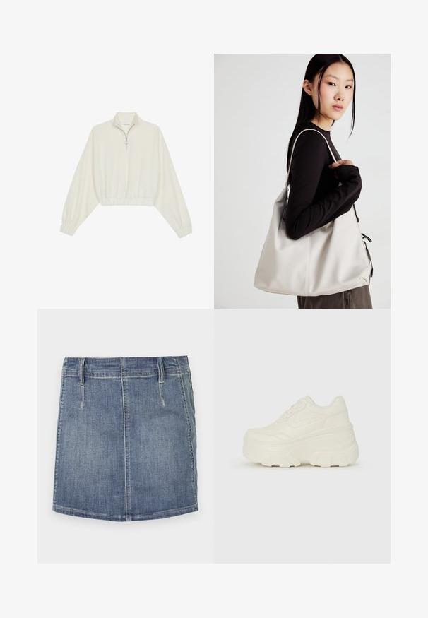 Pullover curto em tecido creme, apresentando um colarinho alto, fecho de meio zíper, bainha e punhos elásticos, com uma textura suave e design minimalista.; Saia mini em jeans azul claro com um corte clássico. Apresenta bolsos frontais e passantes para cinto, com barra reta e desbotamento subtil.; Tênis brancos de plataforma com um cabedal suave semelhante a couro, formato arredondado, colarinho acolchoado e sola de borracha texturizada com ranhuras bem definidas.; Uma bolsa bege feita de material macio, com um design descontraído, detalhes de costura e duas alças para o ombro. Adequada para uso diário.