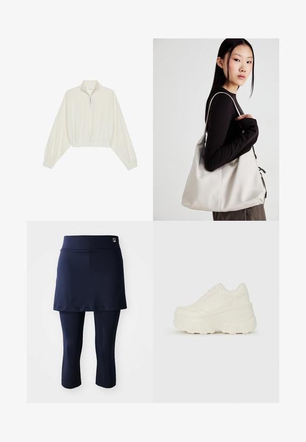 Kreemfarbenest lühikese varrukaga kudum, millel on kõrge kaelus, pool tõmblukk, elastne allosa ja varrukad, sile tekstuur ja minimaalne disain.; Tumesinine sportlik seelik sobivate capri retuusidega. Valmistatud siledast kangast, laia vöökoha ja väikese logoga vöökohal.; Valged platvormi tõusukingad, millel on siledast nahast meenutav pealis, ümar kuju, pehmendatud kaelus ja tekstureeritud kummitald koos selgete hüdrofoobsete mustritega.; Bež käekott pehme materjali, millel on lõtv disain, õmblustega detailid ja kaks õlarihma. Sobib igapäevaseks kasutamiseks.