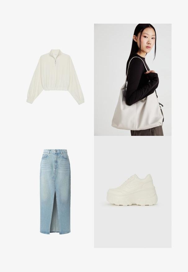 Lyhyt kerrosvaate vaaleasta kankaasta, jossa on korkea kaulus, puolivetoketjukiinnitys, joustavat helma ja hihansuut, tasainen pinta ja minimalistinen muotoilu.; Vaaleansininen farkkuhame, jossa on etu halkio, viisi taskua ja vyölenkit. Valmistettu puuvillasta, jossa on sileä rakenne ja hieman haalistunut pinta.; Valkoiset tasapohjakengät, joissa on sileä nahkamainen päällinen, pyöristetty muoto, pehmustettu nilkkaosa ja texturoitu kumipohja, jossa on hyvin määritellyt urat.; Beige laukku, joka on valmistettu pehmeästä materiaalista, ja siinä on rento muotoilu, ommeltu yksityiskohtia ja kaksi olkahihnaa. Sopii päivittäiseen käyttöön.