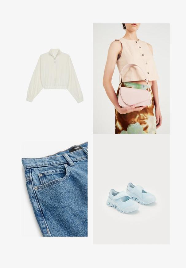 Pulover scurt din stofă crem, cu guler înalt, închidere cu fermoar pe jumătate, elastic la margini și la manșete, cu o textură netedă și un design minimalist.; Blugi de denim de culoare albastru mediu, cu o textură ușor decolorată. Caracteristicile includ cinci buzunare, nituri din cupru și detalii cusute pe cusături.; Adidași bleu deschis cu țesătură din plasă, decupaje proeminente în talpă și o curea cu arici pe partea de sus pentru o potrivire sigură.; Geantă de piele roz cu clapetă curbată, curea simplă pentru umăr și linii curate. Geanta prezintă o textură netedă și un design minimalistic.