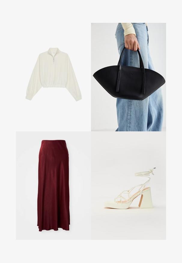 Zkrátený pulover z krémového materiálu, s vysokým golierom, polovičným zipsom, elastickým lemom a manžetami, s hladkou textúrou a minimalistickým dizajnom.; Burgundská dlhá maxi sukňa vyrobená z hladkého, ľahkého materiálu s jemným leskom. Má priliehavý pás a splývavý strih.; Biele sandále na vysokom opätku s hrubým podpätkom, s pruhovaným dizajnom a viazaním na členku. Hladký povrch s platformou vpredu pre zvýšenú výšku.; Čierna kožená kabelka s jedinečným tvarom ventilátora, so plochými držadlami. Povrch má štruktúru s brúseným efektom a minimalistic design.