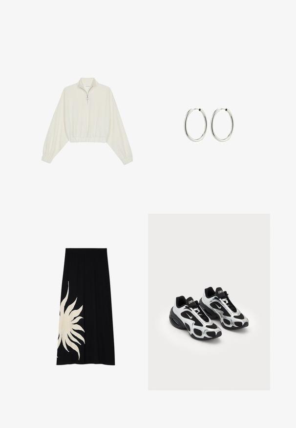 Zkrátený pulover z krémového materiálu, s vysokým golierom, polovičným zipsom, elastickým lemom a manžetami, s hladkou textúrou a minimalistickým dizajnom.; Čierna sukňa s veľkým bielym slnečným motívom na jednej strane, jemná textúra a splývavý strih, vhodná na každodenné nosenie.; Čierne a strieborné športové topánky s vrchnou časťou z sieťoviny a syntetických materiálov, ktorá sa vyznačuje výrazným vlnitým dizajnom a polstrovaným golierom, so vzduchovým odpružením v podrážke.; Strieborné náušnice v tvare kruhu, s hladkým a lesklým povrchom; kruhový dizajn s bezpečným uzáverom; stredná veľkosť, približne 4 cm v priemere.