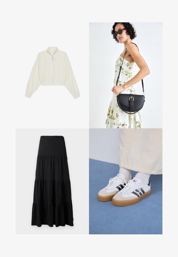 Geknipt pullover in crèmekleurige stof, met een hoge kraag, halve rits, elastische zoom en manchetten, met een soepele textuur en minimalistisch ontwerp.; Zwarte maxi rok van zacht materiaal, met een gelaagd ontwerp, een elastische tailleband en gerimpelde accenten aan de zoom.; Witte sneakers met zwarte strepen en beige suède accenten. Voorzien van een gestructureerde gumzool en platte witte veters, gedragen met lichtgekleurde sokken.; Zwarte leren handtas met een gebogen vorm, afneembare schouderband en gouden hardware. De tas heeft een klep met een gespsluiting.