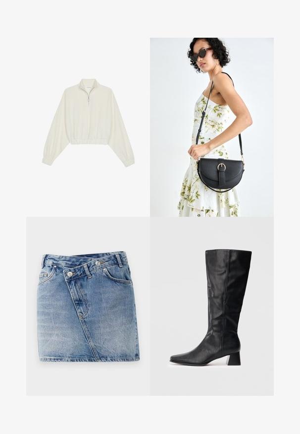 Zkrátený pulover z krémového materiálu, s vysokým golierom, polovičným zipsom, elastickým lemom a manžetami, s hladkou textúrou a minimalistickým dizajnom.; Džínová mini sukňa vo svetlom modrom odtieni, s uhlovými švami, dvoma prednými vreckami a dvoma kovovými gombíkmi na páse. Opotrebovaný, textúrovaný povrch.; Čierne kožené čižmy po strednú lýtko s špičatou špičkou a blokovým podpätkom na jednofarebnom svetlom pozadí.; Čierna kožená kabelka s zaobleným tvarom, odnímateľným popruhom a zlatými doplnkami. Kabelka má klopu s detailom s prackou.