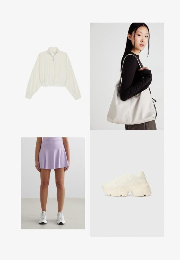 Pullover accorciato in tessuto crema, con colletto alto, chiusura a zip parziale, orlo e polsini elasticizzati, dalla texture liscia e design minimal.; Gonna sportiva lilla con orlo svasato, realizzata in un tessuto liscio e elastico. Abbinata a scarpe da ginnastica bianche con dettagli grigi.; Sneakers bianchi chunky realizzati in mesh testurizzato e materiali sintetici, dotati di una suola spessa e dettagli con motivi intricati lungo i lati.; Borsa a mano beige realizzata in materiale morbido, caratterizzata da un design morbido, dettagli cuciti e due manici. Adatta per l'uso quotidiano.