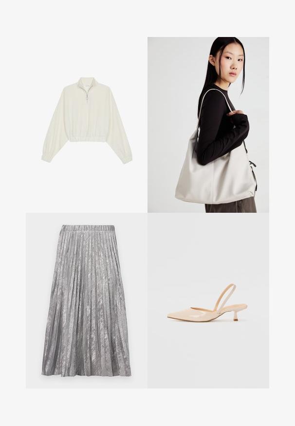 Krém színű, rövidített pulóver, magas gallérral, félig cipzáros záródással, elasztikus derék- és ujjakrésszel, sima textúrával és minimalista dizájnnal.; Redős ezüst szoknya széles derékpánttal, textúrált fémes felülettel és függőleges vonalakkal, amely a vádli közepéig ér.; Bézs színű lakkbőr slingback magassarkú cipők hegyes orral és vékony, négyzetes sarkú dizájnnal. Simább textúra és minimalista stílus, díszítések nélkül.; Puha anyagból készült bézs kézitáska, laza dizájnnal, varrott részletekkel és két vállpánttal. Mindennapi használatra alkalmas.