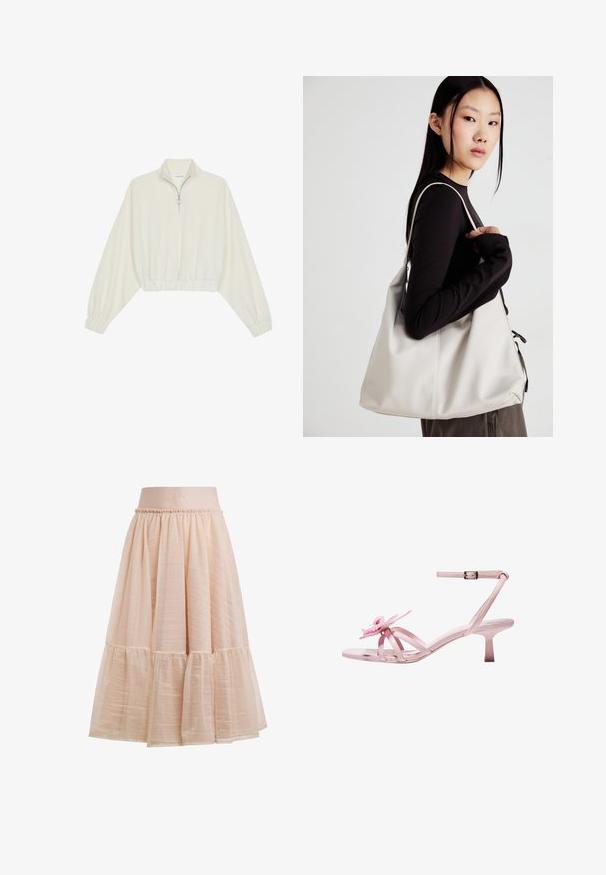 Pulover scurt din stofă crem, cu guler înalt, închidere cu fermoar pe jumătate, elastic la margini și la manșete, cu o textură netedă și un design minimalist.; Fustă roz deschis, până la genunchi, realizată din țesătură stratificată și transparentă. Dispune de un talie gathered cu un detaliu subtil al logo-ului pe bandă.; Sandale cu toc din piele lucioasă roz, cu un accent floral pe degetul mare, dotate cu curea ajustabilă la gleznă și toc subțire și scurt.; Geantă bej din material moale, cu un design lejer, detalii cusute și două bretele pentru umăr. Potrivită pentru utilizarea zilnică.