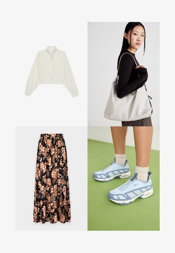 Pullover accorciato in tessuto crema, con colletto alto, chiusura a zip parziale, orlo e polsini elasticizzati, dalla texture liscia e design minimal.; Gonna maxi nera con fiori pesco e crema e foglie verdi. Presenta una vita arricciata e un orlo a volant per un tocco di texture in più.; Scarpe da ginnastica azzurro chiaro con dettagli bianchi, pannelli testurizzati e chiusura con zip. Presentano una suola con imbottitura ad aria visibile e una suola in gomma.; Borsa a mano beige realizzata in materiale morbido, caratterizzata da un design morbido, dettagli cuciti e due manici. Adatta per l'uso quotidiano.
