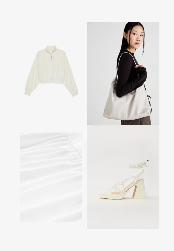 Kreemfarbenest lühikese varrukaga kudum, millel on kõrge kaelus, pool tõmblukk, elastne allosa ja varrukad, sile tekstuur ja minimaalne disain.; Valge kangas pehme voolamise ja volditud tekstuuriga, millel on sile ja kerge materjal puhta ja terava esitlemisega.; Valged kõrge kontsaga sandaalid, millel on paks konts ja rihmadega disain koos pahkluu sidumisega. Sile tekstuur ja platvorm ees, et lisada kõrgust.; Bež käekott pehme materjali, millel on lõtv disain, õmblustega detailid ja kaks õlarihma. Sobib igapäevaseks kasutamiseks.