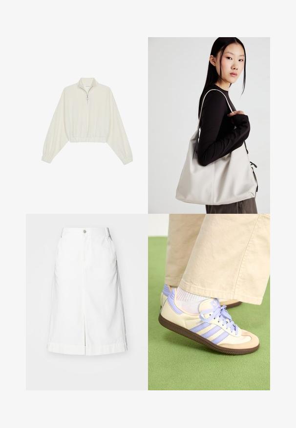 Lyhyt kerrosvaate vaaleasta kankaasta, jossa on korkea kaulus, puolivetoketjukiinnitys, joustavat helma ja hihansuut, tasainen pinta ja minimalistinen muotoilu.; Valkoinen farkkuhame suoran leikkauksen, edessä olevan halkion ja yksittäisen metallinappikiinnityksen kanssa vyötäröllä. Sisältää sivutaskut ja muotoiltu helma.; Kermasilta ja laventelilta näyttävät lenkkarit kolmella raidalla ja teksturoidulla ruskealla pohjalla, varustettuna nauhoilla ja pehmustetulla kantapäällä. Pehmeä kangaspinta.; Beige laukku, joka on valmistettu pehmeästä materiaalista, ja siinä on rento muotoilu, ommeltu yksityiskohtia ja kaksi olkahihnaa. Sopii päivittäiseen käyttöön.