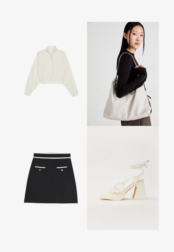 Kort genser i kremfarget stoff, med høy krage, halv glidelås, elastisk nederste kant og mansjetter, med en glatt tekstur og minimalistisk design.; Svart skjørt med hvit kant ved midjen og lommer. Har to frontlommer med gullknapper. Jevn stofftekstur.; Hvit høyhælte sandal med kraftig hæl, med en stroppe-design og ankelbånd. Glatt tekstur med plattform foran for ekstra høyde.; Beige håndveske laget av mykt materiale, med en slapp design, sydd detaljer og to skulderstropper. Passer for daglig bruk.
