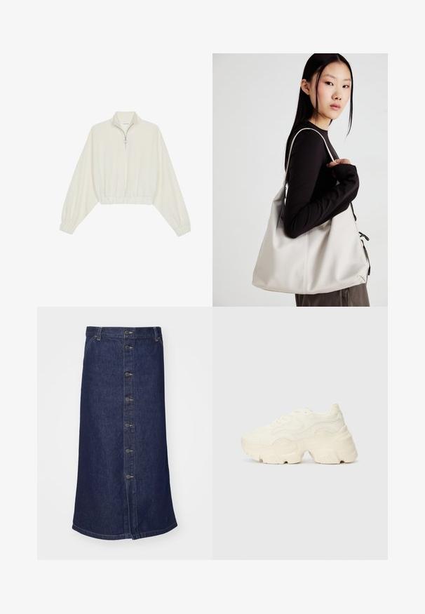 Kreptais pusītes džemperis krēmkrāsā, ar augstu apkakli, puszipa aizdari, elastīgu apakšmalu un aprocēm, ar gludu tekstūru un minimālistisku dizainu.; Denim svārki, tumši zili, vidēja garuma ar metāla pogu rindu pie priekšpuses, šūts apmale un standarta josta. Gluda tekstūra.; Masīvi balti sportisti, kas izgatavoti no strukturēta sieta un sintētiskajiem materiāliem, ar biezu zoli un sarežģītām rakstu detaļām gar sāniem.; Bežs rokassoma, izgatavota no mīksta materiāla, ar brīvu dizainu, izšūtu apdari un divām plecu siksnām. Piemērota ikdienas lietošanai.