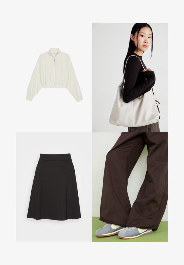 Avkortad tröja i krämfärgad tyg, med hög krage, halvdragkedja, elastisk nederkant och ärmar, med en slät yta och minimalistisk design.; Svart utsvängd kjol gjord av ett mjukt tyg med en slät textur. Har en bred midjeband och når till mitten av låret.; Bruna vidbenade byxor med slät textur och sidofickdetaljer, i kombination med grå och vita retro-stil sneakers med gummisula.; Beige handväska tillverkad av mjukt material, med en avslappnad design, sydda detaljer och två axelremmar. Lämplig för dagligt bruk.