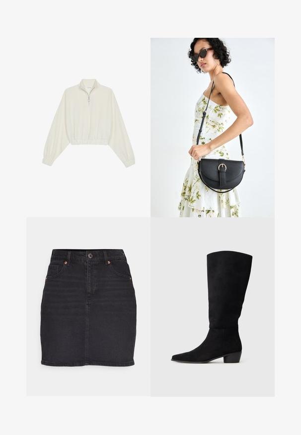 Krém színű, rövidített pulóver, magas gallérral, félig cipzáros záródással, elasztikus derék- és ujjakrésszel, sima textúrával és minimalista dizájnnal.; Fekete farmer szoknya egyenes szabással, egysoros gombos záródással, övöltéssel és elülső zsebekkel. Finom elhalványulás és rézszínű fémrészek jellemzik.; Fekete velúr térd fölé nyúló csizma alacsony tömbsarkal és hegyes orral, oldalnézetben, sima világosszürke háttérrel.; Fekete bőrtáska ívelt formával, levehető pánttal és arany színű fémrészekkel. A táskán egy csattal díszített fedél található.