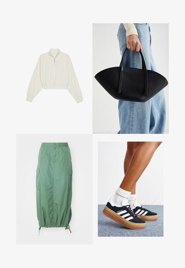Kort genser i kremfarget stoff, med høy krage, halv glidelås, elastisk nederste kant og mansjetter, med en glatt tekstur og minimalistisk design.; Carhartt WIP CARGO SKIRT - A-line skjørt - duck green rinsed; Svarte sneakers i semsket skinn med hvite striper og detaljer, rund tå, yttersåle i gummigummi, kombinert med hvite ribbestrikkede crew-sokker.; Svart skinnveske med en unik vifteform, med flate håndtak. Overflaten har en pebblelignende tekstur og et minimalistisk design.