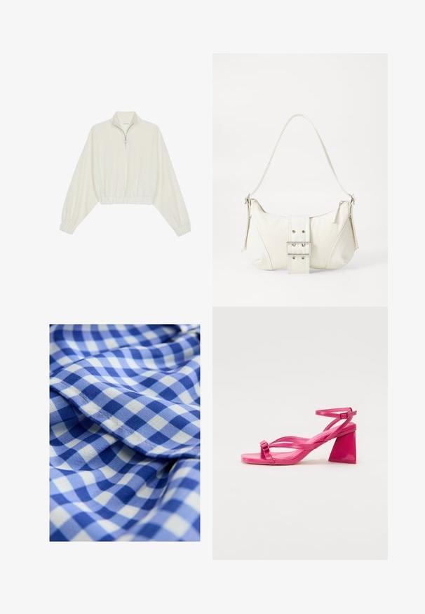 Krém színű, rövidített pulóver, magas gallérral, félig cipzáros záródással, elasztikus derék- és ujjakrésszel, sima textúrával és minimalista dizájnnal.; Kék és fehér kockás szövet, amely puha tapintású, váltakozó árnyalatú kék kis négyzetekkel. Fodros szél részlet is található rajta.; Rózsaszín lakkbőr magassarkú szandál négyzet alakú orral, keskeny pántokkal és geometrikus tömbsarkakkal. Az pánton csat részlet található.; Fehér válltáska texturált felülettel, középen csattogó részlettel és íves formával. Cipzáras záródás mindkét oldalon.