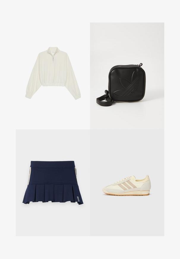 Cropped pullover in cream fabric, featuring a high collar, half-zip closure, elasticated hem and cuffs, with a smooth texture and minimal design.; Navy blue pleated skirt made of stretchy fabric, with a fitted waist and side zipper detail. Stitching is visible along the seams.; Cream athletic sneaker featuring three beige stripes, suede and textile materials, a textured sole, and embossed branding on the heel.; Black square crossbody bag made of textured synthetic material. Features an embossed logo design and adjustable strap. Zipper closure.