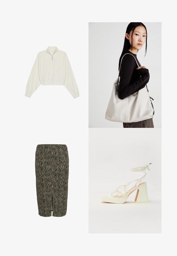Kreminės spalvos trumpas megztinis, turintis aukštą apykaklę, pusiau užtrauktuką, elastinį apačią irRankovių kraštus, su lygiu paviršiumi ir minimalizuotu dizainu.; Rudos ir smėlio spalvos pieštuko sijonas su tigro juostelių raštu, pagamintas iš tekstūruotos medžiagos, su frontiniu skeltu.; Balti aukštakulniai sandalai su masyviu kulnu, su dirželių dizainu ir kulkšnies raiščiu. Lygi tekstūra su platforma priekyje, suteikianti papildomą aukštį.; Bežinė rankinė, pagaminta iš minkštos medžiagos, turinti laisvą dizainą, siuvinėtas detalės ir dvi petnešos. Tinkama kasdieniam naudojimui.; Aukso tono įsegamos auskarai su blizgiu paviršiumi, turintys briaunuotą dizainą ir užsegimą ant smeigtuko. Apvalios, masyvios formos.