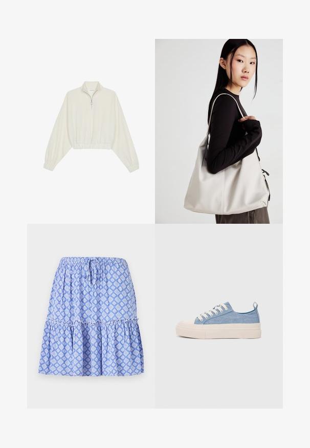 Kreptais pusītes džemperis krēmkrāsā, ar augstu apkakli, puszipa aizdari, elastīgu apakšmalu un aprocēm, ar gludu tekstūru un minimālistisku dizainu.; Zila rakstota svārku ar elastīgu jostu, pakāpenisku dizainu un baltiem ziedu motīviem. Izgatavots no viegla auduma ar maigu tekstūru.; Gaiši zili kanvas sneakeri ar krēmkrāsas gumijas pirksta aizsargu un ārējo zoli, aprīkoti ar baltām šņorēm un cilpu uz papēža.; Bežs rokassoma, izgatavota no mīksta materiāla, ar brīvu dizainu, izšūtu apdari un divām plecu siksnām. Piemērota ikdienas lietošanai.