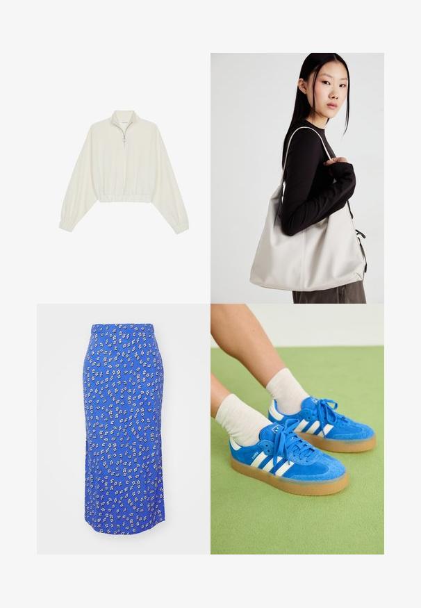 Zkrátený pulover z krémového materiálu, s vysokým golierom, polovičným zipsom, elastickým lemom a manžetami, s hladkou textúrou a minimalistickým dizajnom.; Modrá sukňa so kvetinovým vzorom, na ktorom sú malé biele a čierne kvety, priliehavý strih a bočný rozparok pre pohodlný pohyb.; Modré semišové tenisky s bielymi pruhmi, gumenou podrážkou, okrúhlou špičkou a textilnými šnúrkami. V kombinácii s krémovými ponožkami na zelenej ploche.; Béžová kabelka vyrobená z mäkkého materiálu, s uvoľneným dizajnom, prišitými detailmi a dvoma popruhmi na nosenie na pleciach. Vhodná na každodenné nosenie.