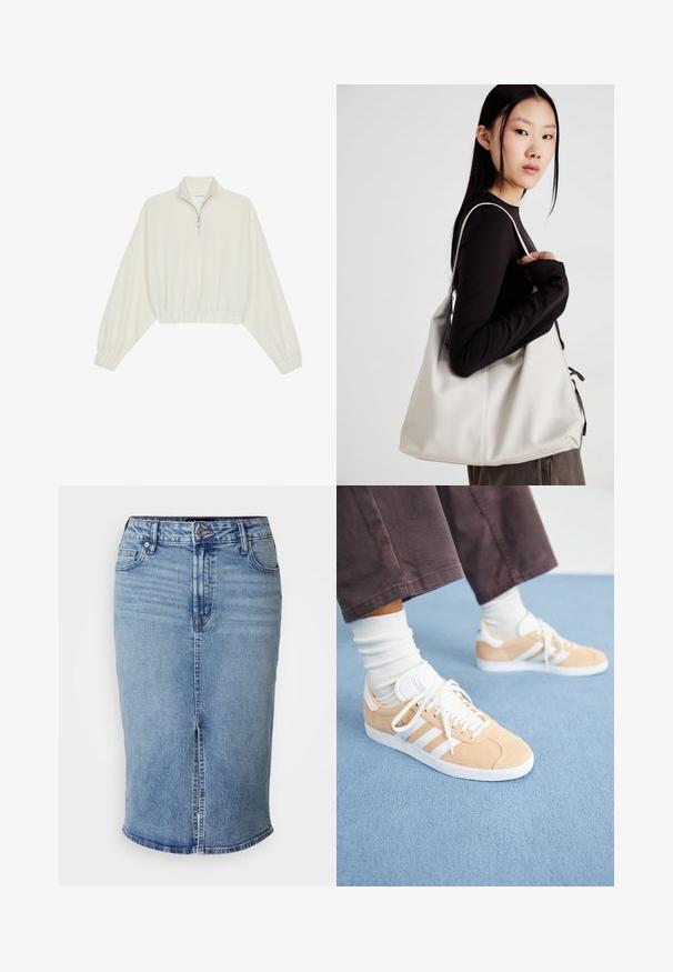 Kreptais pusītes džemperis krēmkrāsā, ar augstu apkakli, puszipa aizdari, elastīgu apakšmalu un aprocēm, ar gludu tekstūru un minimālistisku dizainu.; Gaiši zilas džinsa zīmola svārki ar priekšējo šķēlumu, piecām kabatām un pogas aizdari viduklī. Parastā garumā, gluda tekstūra.; Beidzas zamšādas kedas ar baltām akcentiem, ar trim svītrām, apaļu purngalu un reljefu zoli; kopā ar baltām sporta zeķēm.; Bežs rokassoma, izgatavota no mīksta materiāla, ar brīvu dizainu, izšūtu apdari un divām plecu siksnām. Piemērota ikdienas lietošanai.