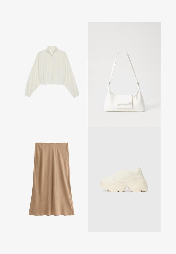 Skórzany pulower w kolorze kremowym, z wysokim kołnierzem, półzamkiem, elastycznym wykończeniem u dołu i mankietami, o gładkiej teksturze i minimalistycznym designie.; Długa, beżowa spódnica z teksturowanej tkaniny, z elastycznym pasem i prostym krojem, lekko rozszerzająca się u dołu.; Podeszwa chunky białych sneakersów wykonana z teksturowanej siateczki i materiałów syntetycznych, z grubą podeszwą i skomplikowanymi detalami wzoru po bokach.; Biała syntetyczna torba o trójkątnym kształcie, płaskim przednim klapce i detalach w postaci kokardy, regulowanym pasku, gładkiej fakturze oraz minimalistycznym designie.